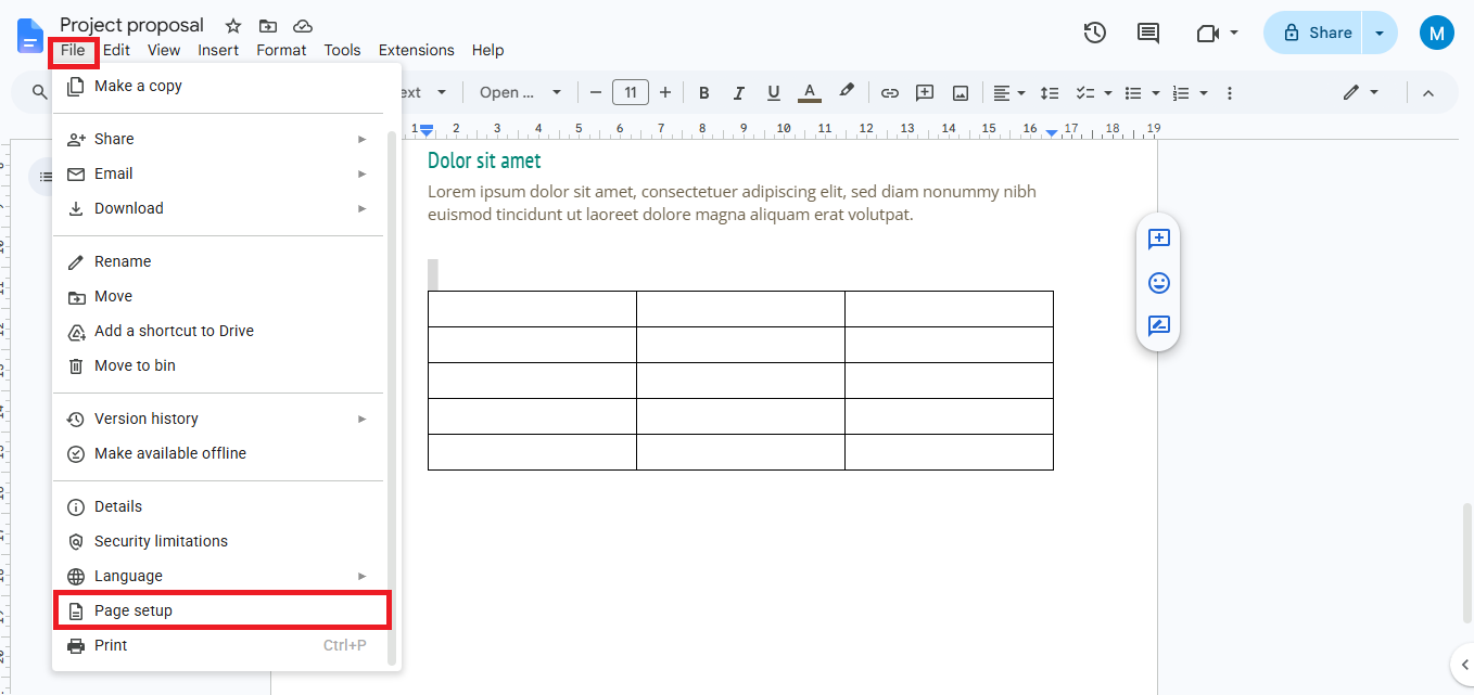 page setup
