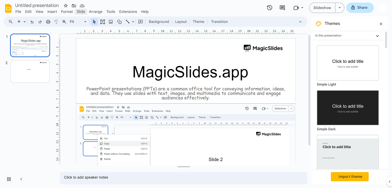 How to merge multiple Google Slides into one in few steps - MagicSlides App