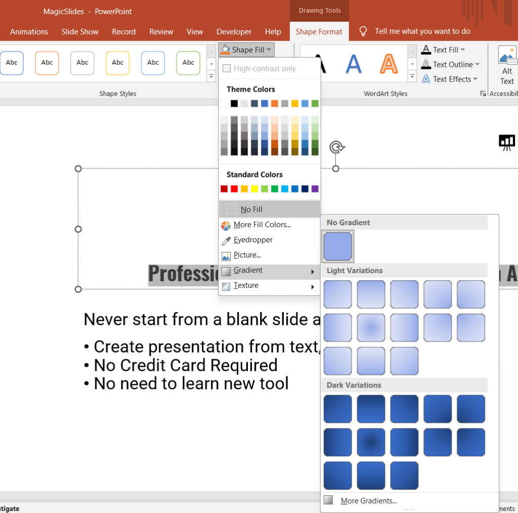 Powerpoint Color Dialog Box Option to change Shadow Text and Box Colour in PPT - MagicSlides App