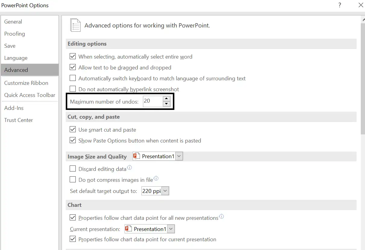 increase undo limit in PowerPoint
